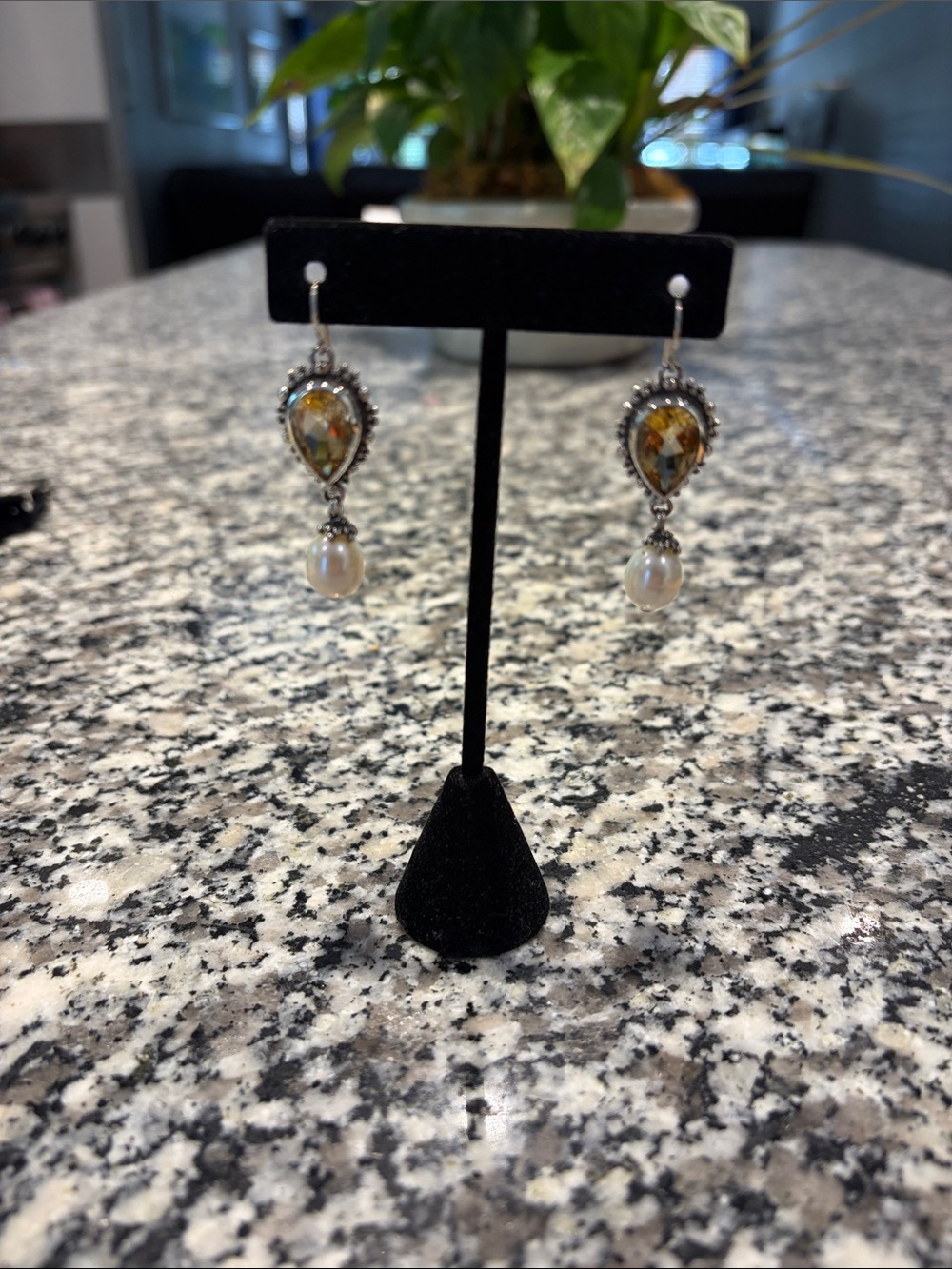 Vintage Silver pierced citrine & freshwater pearl drop earrings